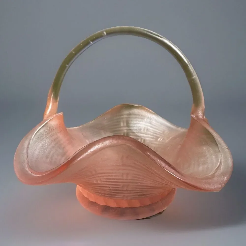 VTG Pink Frosted Satin Glass Basket Weave Small Candy Nut Dish 4.5